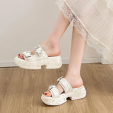 Luxury Rhinestone Thick Bottom Sandals Women 2026 New Silk Satin Embroidery High Heel Sandals Woman Summer Thick Heeled Slippers