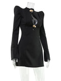 Ahagaga Elegant Women's Mini Dresses Solid Sexy Bodycon Slim Fit Hollow Out Regular Long Flare Sleeve A Line Trend Casual Female