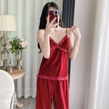 Gold velvet three-piece pajamas set, autumn and winter lace nightgown, sexy home wear with chest pad