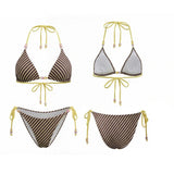 2026 Summer Women's Bikini Set Striped Dots Halter Bra with Side Tie-ups Bead Briefs 2 Piece Swimsuits Female Bathing Suits