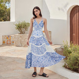 Women's Summer Floral Print Bohemian Long Dress Stylish Lace Patchwork Ruffled Trim Spaghetti Strap V Neck A-Line Dress