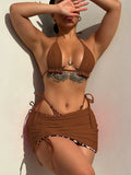 2026 Summer Leopard Print 3 Pieces Suit Swimwear Reversible Sexy Halter Lace-up Bikini Set Drawstring Skirt Cover Up Beachwear