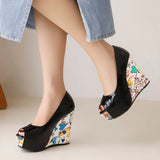 2026 New Big Size 33-43 Summer White Bohemian Graffiti Platform Pumps Slip On Black Red Chunky High Heels Wedges Shoes Women
