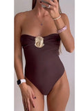 2026 Sexy Metal Buckle Women Bandeau Swimwear One Piece Swimsuit Female Monokini Bather High Leg Cut Bathing Suit Swim Beachwear
