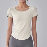 Women's Summer Yoga Sports Top Short Sleeve Pleated Waist Cinching Mesh Spliced Breathable Fitness T-Shirt
