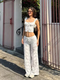 Foridol Hollow Out Cotton Women's 2 Pieces Set White Summer Pants Set Embroidery Top Pants Suit Matching Set Beach Casual Pants