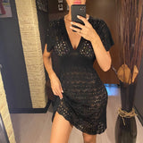 S - XL Short Sleeve V Neck Crochet Knitted Tunic Beach Cover Up Cover-ups Beach Dress Beach Wear Beachwear Female Women V5314