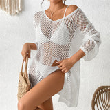 V Neck Long Sleeve Hollow Out Crochet Knitted Tunic Beach Dress Beach Wear Beachwear Beach Cover Up Cover-upsFemale Women V6335
