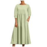 Womens Casual Summer Cotton Dress With Pockets 3/4 Sleeve Loose Midi Shirt Dress Women Dresses With Short Sleeves Vestidos