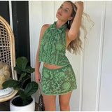 Women's Fashionable Lapel Embroidered Backless Shorts Set J25E