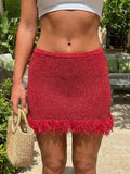 Summer Women's Knit Mini Skirt Solid Color Plush Tassel Trim Pencil Skirts Going Out Bohemian Beach Sexy Skirts