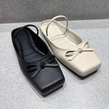 2025 Summer Elegant Black Square Toe Ballet Flats Shoes Women Butterfly Knot Slip On Comfy Walking Mules Shoes Outdoor Slides