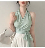 Women Blouses Slim Fit V-neck Lace Up Open Stitch Versatile Sleeveless Top For Female Chiffon Tops Summer Fashion PPAY