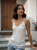 Fashion Summer Satin Tank Tops Women Solid Color Deep V Neck Sleeveless Adjustable Spaghetti Strap Lace Patchwork Vest