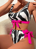 Sexy Black Zebra Print Bow Patchwork Bikini Set 2026 Women Push Up High Waist Swimsuit Beach Bathing Suit Two Piece Swimwear