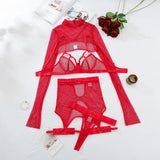 Toucheart Sexy Lingerie Set For Women Hollow Mesh See-through Sexy Temptation Free Underwear Long Sleeves Garters Lingerie Set