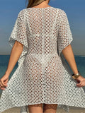 2025 V Neck Short Sleeve Hollow Out Knitted Tunic Beach Cover Up Cover-ups Beach Dress Beach Wear Beachwear Female Women K6535