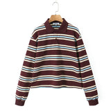 Foridol Burgundy Striped Casual Women T-shirt Summer Loose Polo Shirts Buttons New Female Tops Blouse White Tops Spring Shirt