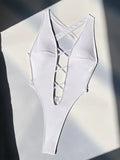 Sexy Solid Cross Backless Swimsuit One Piece Bikini Thong Swimwear Bodysuits Women Biquini Bathing Suits Black and White 2 Color