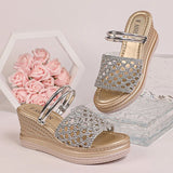 Hollow Out Gold Wedge Heels Sandals Women Plus Size 43 Chunky Platform Slippers Woman Summer Slip On Weave Thick Sole Sandles