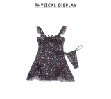 Pink Heart Print Mesh Nightdress for Women Lace Trim See Through Push Up Underwire Chemise with Panties Plus Size M-3XL