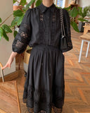 2026 French Retro Heavy Shirt Skirt Hollow Lace Balloon Sleeve Shirt + High Waist Belted Skirt Fashion Suit for Women