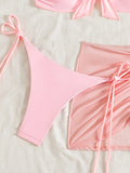 3D flower front tie pink bikinis sets 3pcs with drawstring mesh mini skirt swimsuits bathing suit beach outfits biquini tankini