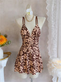 Vintage Coffee Floral Print Two Piece Swimsuit 2026 Women V Neck Slim Dress High Waist Short Swimsuit Beach Bathing Suit Bikini