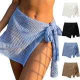 Women Crochet Knit Beach Cover Up Skirt Tie Side Holllow Out Mesh Mini Skirt Bow Knot Swimsuit Coverup Summer Vacation Beachwear