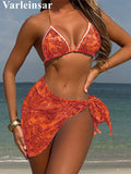 With Sarong Printed Halter Bikini Women Swimwear Female Swimsuit Three-pieces Bikini set Padded Bather Bathing Suit Swim V6966