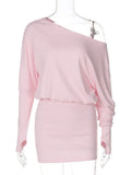 Woman Clothes Diagonal Collar Long Sleeve Package Hip Short Dress Streetwear Black Pink High Waist Tunics Slim Party Dresses