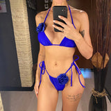 S - XL Sexy 3D Flowers Halter Strappy Bikini Women Swimwear Female Swimsuit Two-Pieces Bikini Set Bather Bathing Suit Swim V5297