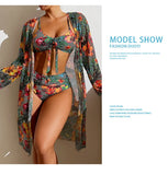 Sexy High Waisted Bikini 3 Pieces Floral Printed Swimsuit Size 3XL-S Women Bikini Set With Mesh Long-Sleeved Blouse Super Sales