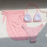 Pink Solid Color 3-piece Swimsuit Women 2026 Summer Beach Skirt Bikini V-neck Halter Backless Bathing Suit Summer Beach Swimwear