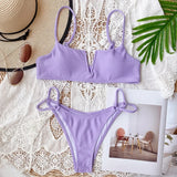 Sexy Bikini Women Small V-neck Pit Striped Double Straps Light Purple Swimwear Swimsuit Bikinis Set Bathing Suit Female Biquinis