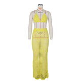 DEKA Beach Cover Up High Split Crochet Knitted Tunic Beach Dress Beach Wear Beachwear Women Long Knit Hollow Tassels Skirt Suit
