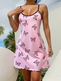 Women Butterfly Print Spaghetti Strap Nightgown Sexy Slip Sleep Dress Summer Pajama Dress Ladies Loungewear Nightwear Sleepwear