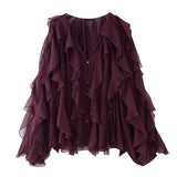 Foridol Ruffles Tiered V Neck Blouse Women Summer Spring Long Sleeve Casual Blusa Chiffon Blouses Buttons New in Female Top 2025