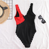New Sexy Scalloped Splicing High Cut One Piece Swimsuit Women Swimwear Female Ribbed Bather Bathing Suit Swim Lady V2425