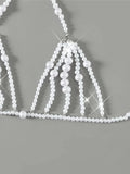 Luxury Pearls Chain Halter Hollow Out See Through Bikini Top Female Swimsuit Women Swimwear Bather Bathing Suit Swim Beach Top