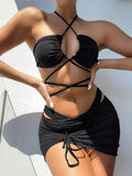 Wrap Around with Mesh Sarong Skirt Bikini Female Swimsuit Women Swimwear Three-pieces Bikini Set Beachwear Bathing Suit Swim