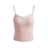 French Thin Style Sweet Plaid Camisole For Women With Lace Collar Slim Fit Semi Elastic Back Suitable For Seaside Vacations IHKJ