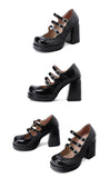 Plus Size Women Red Patent Leather Platform Mary Jane Shoes 3 Rhinestone Buckle Straps Chunky Block  Y2K Lolita Party Pumps