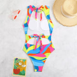 2026 Color Block Swimsuit One Piece Backless Printed Swimwear Women Bathers Bathing Swimming Swim Suit Padded Beachwear Summer