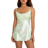 Women Sleeveless Backless Party Club Dress Solid Color Shiny Spaghetti Strap Mini Dress for Cocktail Nightclub Beach
