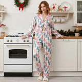 Women's Christmas Pajama Sets Fashionable Lapel V Neck Long Sleeve Printed Tops with Pants 2 Pieces Soft Sleepwear
