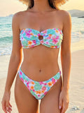 Floral Printed Wrinkled Bandeau Bikini Female Swimsuit Women Swimwear Two-pieces Bikini Set High Cut Bather Bathing Suit Swim