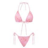Combhasaki Women's Y2K Goth 2Pieces Tie-up Bathing Suits Sleeveless Halter Neck Backless Floral Bra + Low Waist Thong Swimsuits