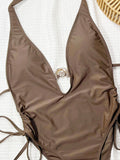 Sexy Coffee One Piece Swimsuit Women 2025 Deep V Neck Metal Chain Drawstring Side Swimwear Beach Bathing Suit Backless Monokini