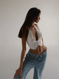 Elegant Halter Neck Backless White Tank Tops Women 2026 Summer Sexy Off Shoulder Buttons Crop Top High Street Lady Solid Vests
